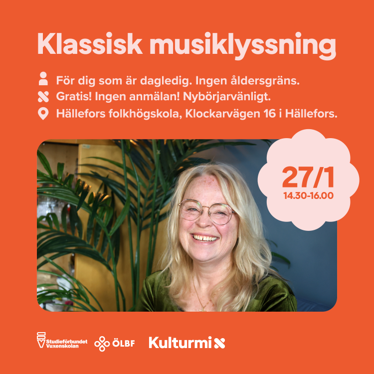 Klassisk musiklyssning är rubrik. Ett porträtt av Katarina Pilotti. Hon har blont hår, en grön klänning och ler stort mot kameran.